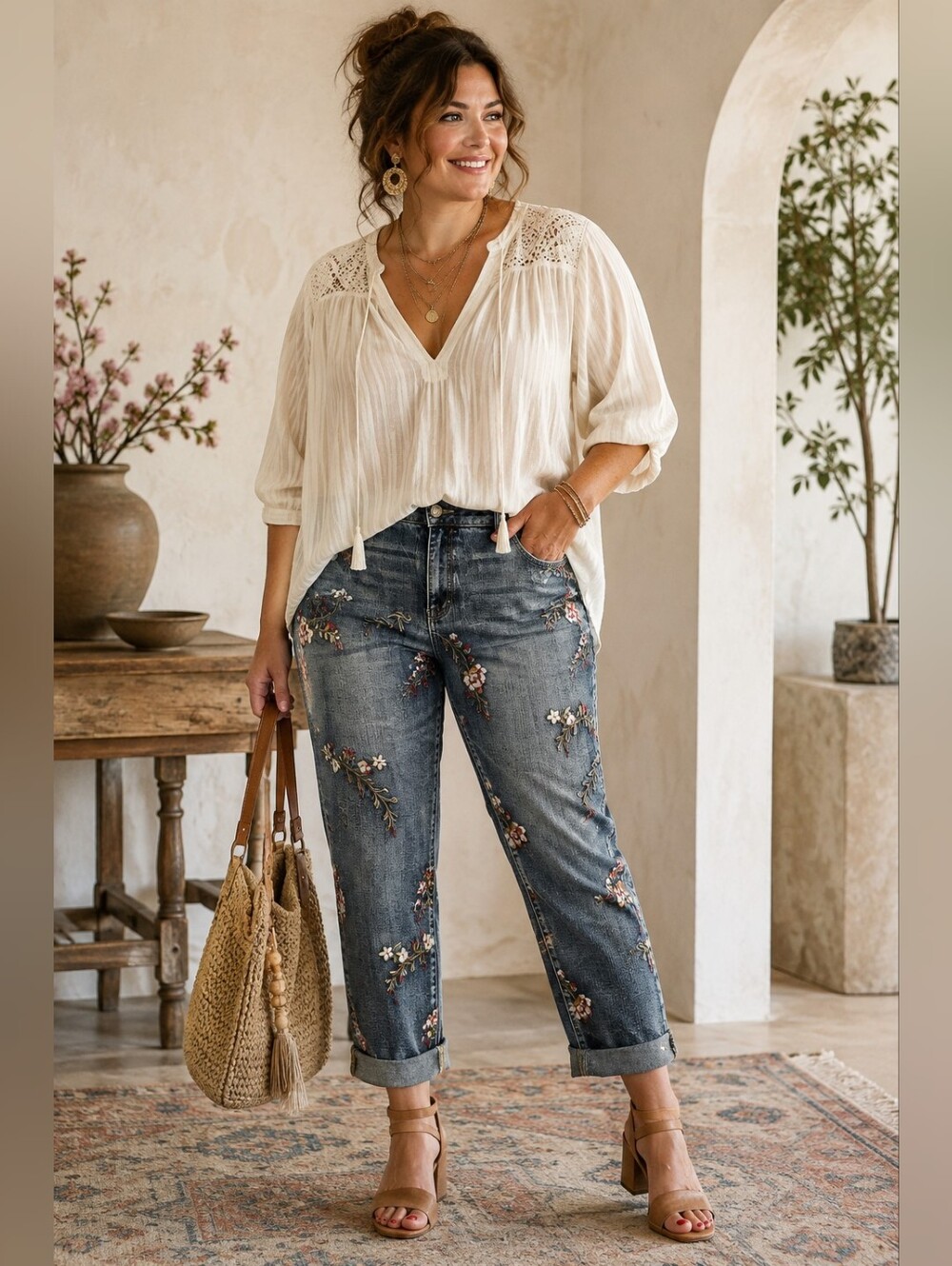 Laurie Felt Jeans Women's Size 16 Embroidered Floral Slim Leg Stretch Denim Boho